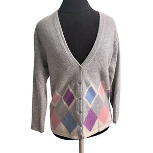 El Daws Cashmere Gray Argyle Button-Up Women's Sweater Size Medium